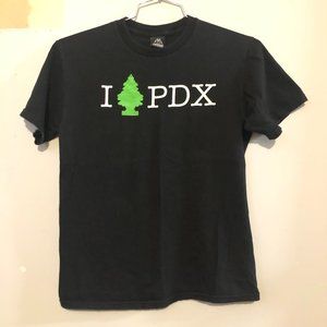 Upper Playground "I [Tree air freshener] PDX black tee shirt, Unisex womens M